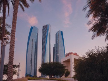 Abu Dabi, BAE - 13 Ocak 2024: Abu Dabi 'deki kurucular anıtı ve Etihad kuleleri. Modern mimari. Yıldızların parladığı akşam vakti.