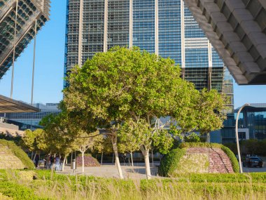 Abu Dabi, BAE - 11 Ocak 2024: El-Maryah Adası 'ndaki Abu Dabi Global Market' te binalar ve detaylar, kamusal alanlar. Abu-Dabi 'nin finans merkezi.