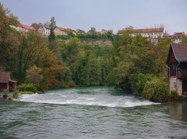 Hırvatistan 'daki Slunj' a git. Korana nehri yakınlarındaki ormanın nefes kesici manzarası, güzel kır manzarası, sonbaharın başlarında, yeşil rengin sarıya dönüşmesi. mevsimsel değişim