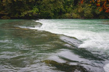 Travel to Slunj in Croatia. Breathtaking view on forest near Korana river, beautiful countryside landscape, early autumn, with hints of green transitioning to yellow. seasonal change clipart