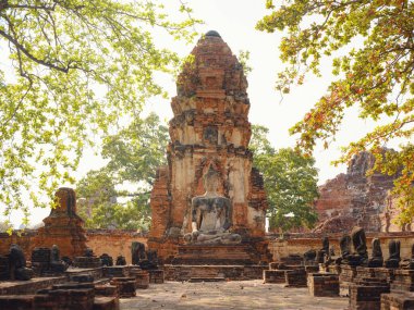 Ayutthayas antik Wat Mahathat tapınağı ve ikonik simgeler, karmaşık mimari, tarihi kalıntılar ve UNESCO Dünya Mirası sahasının huzurlu atmosferinde kültürel miras sergileniyor.
