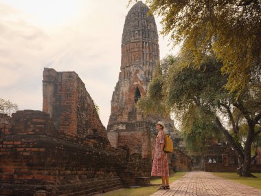 Tayland 'ın Ayutthaya kentinde tarihi parkı keşfetmek için giyinmiş genç bir bayan turist. Antik tapınaklar ve heykellerle çevrili, huzurlu bir atmosfer ve zengin kültürel mirasın tadını çıkarıyor..