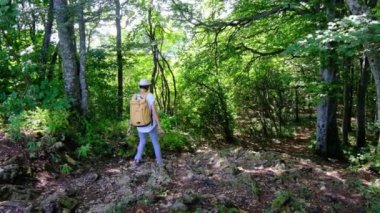 Zengin bir ormanda sırt çantasıyla yürüyüş yapan bir kadın yaz güneşli günlerinde doğal çevrenin tadını çıkarıyor. Ormanlık bir patikada yürüyor, kendini doğanın ve maceranın güzelliğine kaptırıyor..