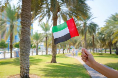 Corniche 'den Abu Dabi Parkı' na karşı küçük bir BAE bayrağı taşıyan kadın eli. Abu Dabi 'de gezinti. Birleşik Arap Emirlikleri, Orta Doğu. BAE ulusal kutlama ruhunun fotoğrafı..