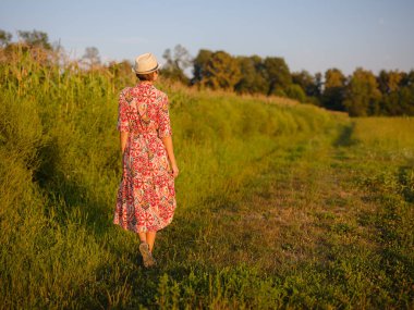 Yaz sonlarında Avrupa 'nın pitoresk alanlarında yürüyen genç bir kadın. Altın güneş ışığı, yemyeşil yemyeşil ve sakin kırsal atmosfer huzurlu bir kırsal alan yaratır..