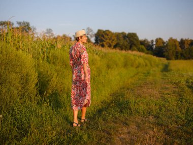 Yaz sonlarında Avrupa 'nın pitoresk alanlarında yürüyen genç bir kadın. Altın güneş ışığı, yemyeşil yemyeşil ve sakin kırsal atmosfer huzurlu bir kırsal alan yaratır..