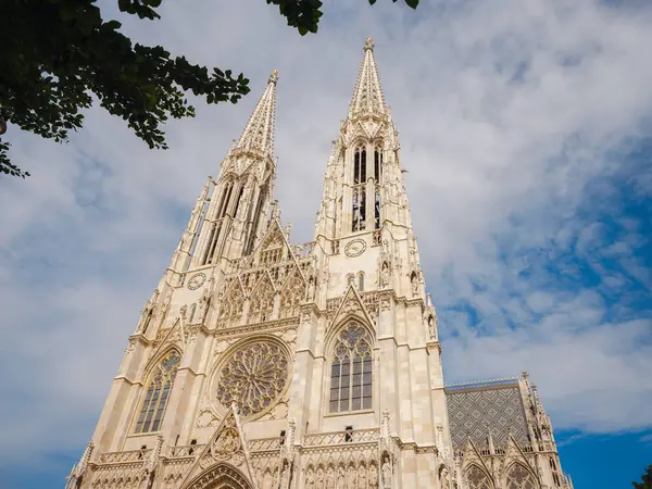 Viyana 'da güzel bir yaz tatili - Vatandaş Kilisesi Neo-Gotik Avusturya Kilisesi. Yaz yürüyüşü, tarihi sokakları keşfetmek, çarpıcı mimari, güneş ışığı altındaki canlı şehir atmosferi..