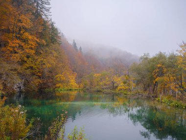 Sonbaharda Hırvatistan 'daki Plitvice Gölleri, büyüleyici şelaleler, canlı yapraklar ve kristal berrak sular sergilenerek büyülü ve sakin bir doğal manzara yaratıyor. Sonbahar yapraklı göl sisi