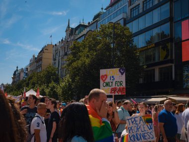 Prag, Çek Cumhuriyeti - 12 Ağustos 2023: Prag Onur Festivali Geçidi. Gökkuşağı ve diğer LGBTQ özellikleri ile parlak ve mutlu geçit ziyaretçileri, kalabalık sahnede performansı seviyor