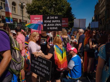 Prag, Çek Cumhuriyeti - 12 Ağustos 2023: Eski şehir merkezinde gurur ayı. Prag Onur Festivali Geçidi.