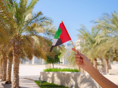 Corniche 'den Abu Dabi Parkı' na karşı küçük bir BAE bayrağı taşıyan kadın eli. Abu Dabi 'de gezinti. Birleşik Arap Emirlikleri, Orta Doğu. BAE ulusal kutlama ruhunun fotoğrafı..