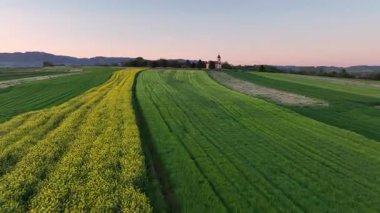 Arial manzaralı yeşil tepeler ve Hırvatistan kırsalında yuva yapmış köyler. İlkbahar manzarayı soluyor, otlaklar çiçek açmaya başlıyor geleneksel evler manzaralı vadiler ve yamaçlara saçılmış.