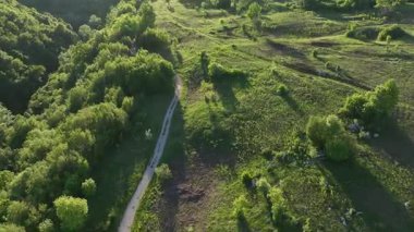 Ortaçağ Dreznik Grad yakınlarında yeşil çayırlar ve tepeler. Dreznik şehri yakınlarındaki geniş yeşil alanlar ve kırsal yolların insansız hava aracı görüntüsü. Canlı manzara, bahar büyümesi, Hırvat köylerinde tipik bir barış duygusu.