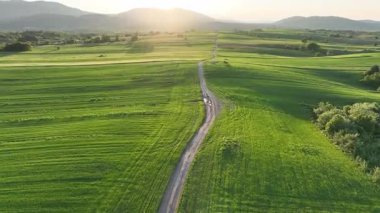 Ortaçağ Dreznik Grad yakınlarında yeşil çayırlar ve tepeler. Dreznik şehri yakınlarındaki geniş yeşil alanlar ve kırsal yolların insansız hava aracı görüntüsü. Canlı manzara, bahar büyümesi, Hırvat köylerinde tipik bir barış duygusu.