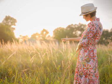 Yaz sonlarında Avrupa 'nın pitoresk alanlarında yürüyen genç bir kadın. Altın güneş ışığı, yemyeşil yemyeşil ve sakin kırsal atmosfer huzurlu bir kırsal alan yaratır..