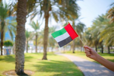 Corniche 'den Abu Dabi Parkı' na karşı küçük bir BAE bayrağı taşıyan kadın eli. Abu Dabi 'de gezinti. Birleşik Arap Emirlikleri, Orta Doğu. BAE ulusal kutlama ruhunun fotoğrafı..