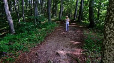 Zengin bir ormanda sırt çantasıyla yürüyüş yapan bir kadın yaz güneşli günlerinde doğal çevrenin tadını çıkarıyor. Ormanlık bir patikada yürüyor, kendini doğanın ve maceranın güzelliğine kaptırıyor..