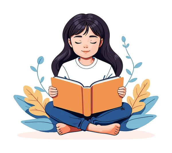 女の子は成長する植物の間で本を持って座っています 静けさと集中のシーン 女の子が本を読んでいる 教育コンセプト 女子学生キャラクター ベクトルイラスト ロイヤリティフリーのストックイラスト