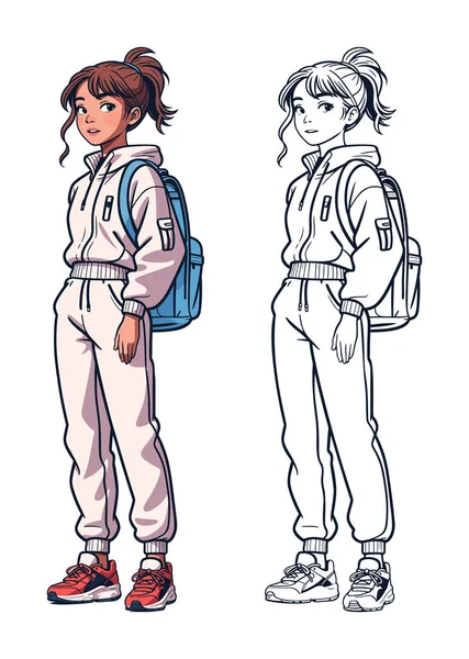 学校に戻る バックパックを持った10代の少女が学校に通っている 女子高生はパーカー スウェットパンツ スニーカーを着ています 女子学生キャラクター ベクトルイラスト ベクターグラフィックス