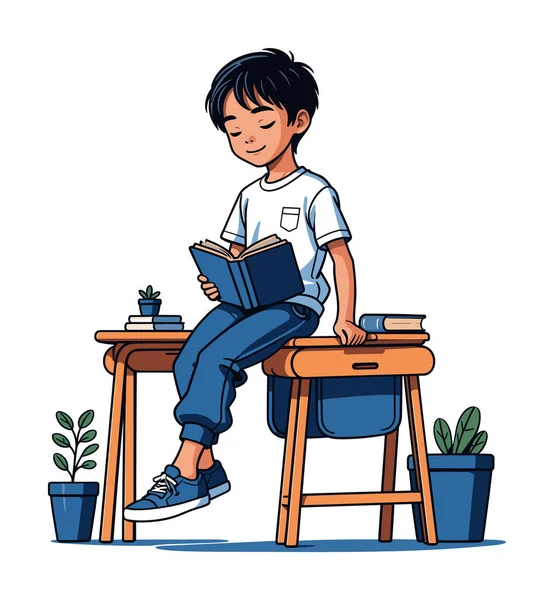 Ein Junge Sitzt Auf Dem Tisch Und Liest Ein Buch lizenzfreie Stockvektoren