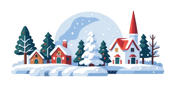 クリスマスカード 小さな村の居心地の良いクリスマスのパノラマで雪の日 冬のクリスマス村の風景 メリークリスマスカード ベクトルイラスト ロイヤリティフリーのストックイラスト