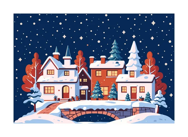 Pueblo Navidad Por Noche Cubierto Nieve Plantilla Para Tarjeta Navidad Ilustración de stock