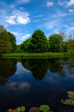Şehir parkındaki göl mavi gökyüzü arka planında