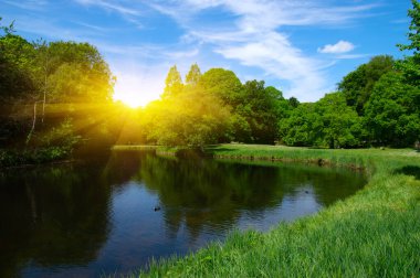 Şehir parkındaki göl mavi gökyüzü arka planında