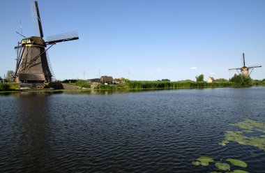 Hollanda 'da deniz kenarında güneşli bir günde yel değirmeni