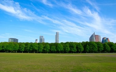 Lahey 'de mavi gökyüzü arka planı üzerine şehir parkı (Den Haag)
