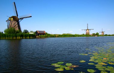 Hollanda 'da deniz kenarında güneşli bir günde yel değirmeni