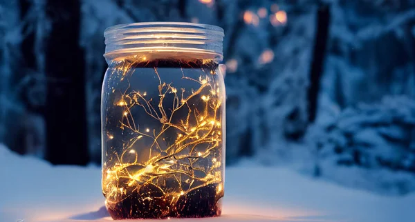 圣诞森林背景下玻璃瓶里的灯火通明 — 图库照片