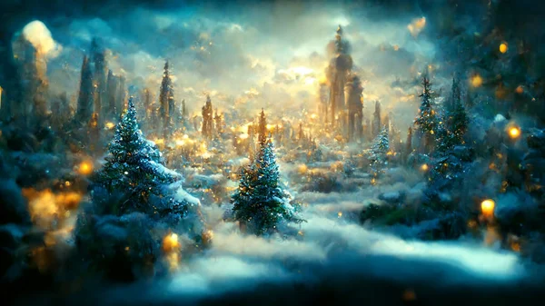 Futuristischer Winter Weihnachtshintergrund Mit Himmel Starkem Schneefall Schneeflocken Verschiedenen Formen — Stockfoto