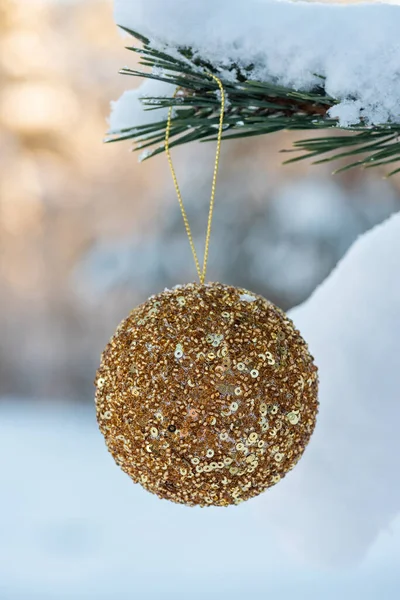 Opknoping Gouden Glitter Kerstbal Sparren Wazig Achtergrond — Stockfoto