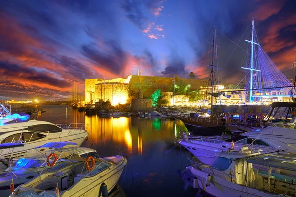 Kyrenia Harbour in Northern Cyprus in the late evening against the backdrop of the sunset sky