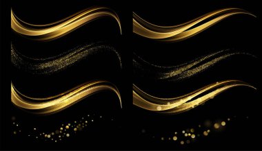 Abstract Gold Waves. Shiny golden moving lines design element with glitter effect on black background for gift, greeting card and disqount voucher. Vector Illustration