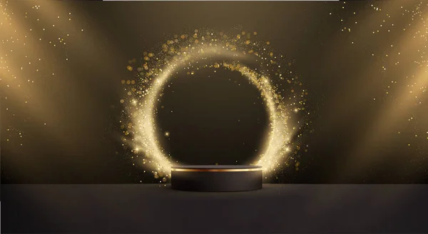 Абстрактный Золотой Круг Подиум Прожектором Элемент Дизайна Золотых Блёсток Эффект Стоковый вектор