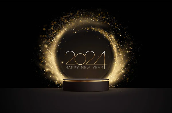 2024 新年の抽象的な光沢のある金の円フレームおよびスポットライトが付いているポディウムの背景 ゴールドグリッターデザインの要素 ライトとグロー効果 ロイヤリティフリーストックベクター