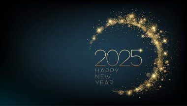 2025 Mutlu Yıllar Bokeh tasarım elementi ile parıldayan parlak altın rengi dalga