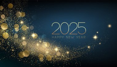 2025 Mutlu Yıllar Bokeh tasarım elementi ile parıldayan parlak altın rengi dalga