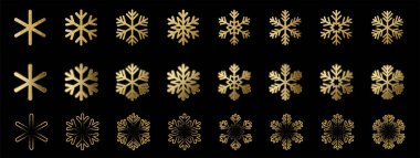Kar Taneleri simgelerini ayarla. Altın Kar Tanesi ikonu. Parlak Altın Parıltı Kar Taneleri koleksiyonu. Kış karı. Mutlu Noeller. Vektör İllüstrasyonu