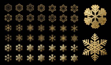 Kar Taneleri simgelerini ayarla. Altın Kar Tanesi ikonu. Parlak Altın Parıltı Kar Taneleri koleksiyonu. Kış karı. Mutlu Noeller. Vektör İllüstrasyonu
