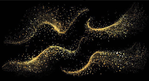 Vector Abstract Shiny Gold Glitter Swirl design element. For New Year, Merry Christmas, Birthday and Wedding greeting card and invitation. Luxury Background design