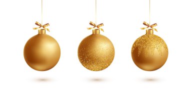 Kurdeleli altın bir Noel mücevheri ve beyaz bir arka planı var. Vektör çizimi. Noel süslemesi