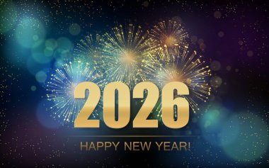 2026 Mutlu Yıllar havai fişeklerle soyut bir geçmiş. Takvim için poster tasarımı. Vektör çizimi. Altın 2026 Işıltılı ve bolkeh
