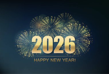 2026 Mutlu Yıllar havai fişeklerle soyut bir geçmiş. Takvim için poster tasarımı. Vektör çizimi. Altın 2026 Işıltılı ve bolkeh