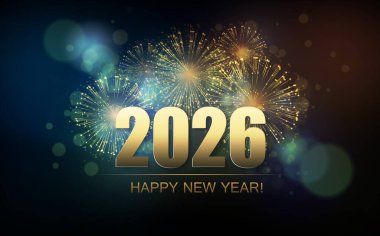 2026 Mutlu Yıllar havai fişeklerle soyut bir geçmiş. Takvim için poster tasarımı. Vektör çizimi. Altın 2026 Işıltılı ve bolkeh