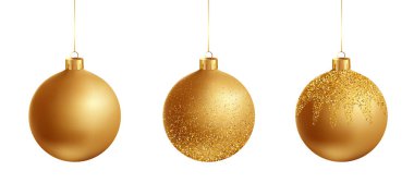 Beyaz arka planda kurdelesi olan altın bir Noel mücevheri. Vektör çizimi. Noel süslemesi