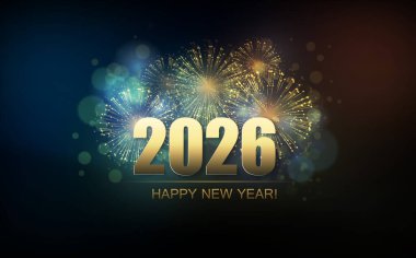 2026 Mutlu Yıllar havai fişeklerle soyut bir geçmiş. Takvim için poster tasarımı. Vektör çizimi. Altın 2026 Işıltılı ve bolkeh
