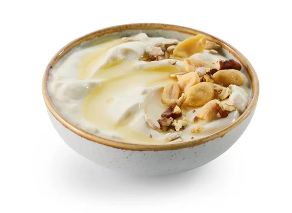Miska Jogurtu Greckiego Miodem Orzechami Izolowane Białym Tle — Zdjęcie stockowe